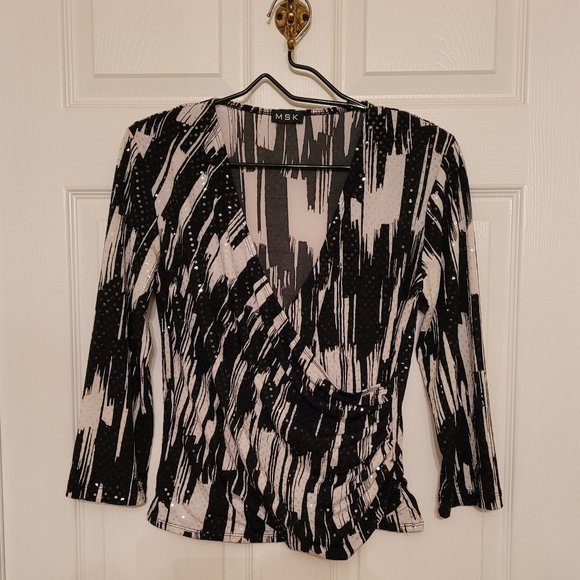 MSK Black and White Surplice V-Neck Sequin Blouse Size M - Picture 1 of 5